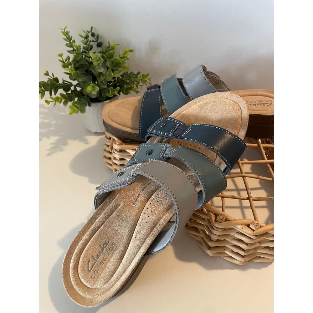 Clarks Collection Size 12 Blue Multi Strap Comfort Slide Sandals - Picture 3 of 9